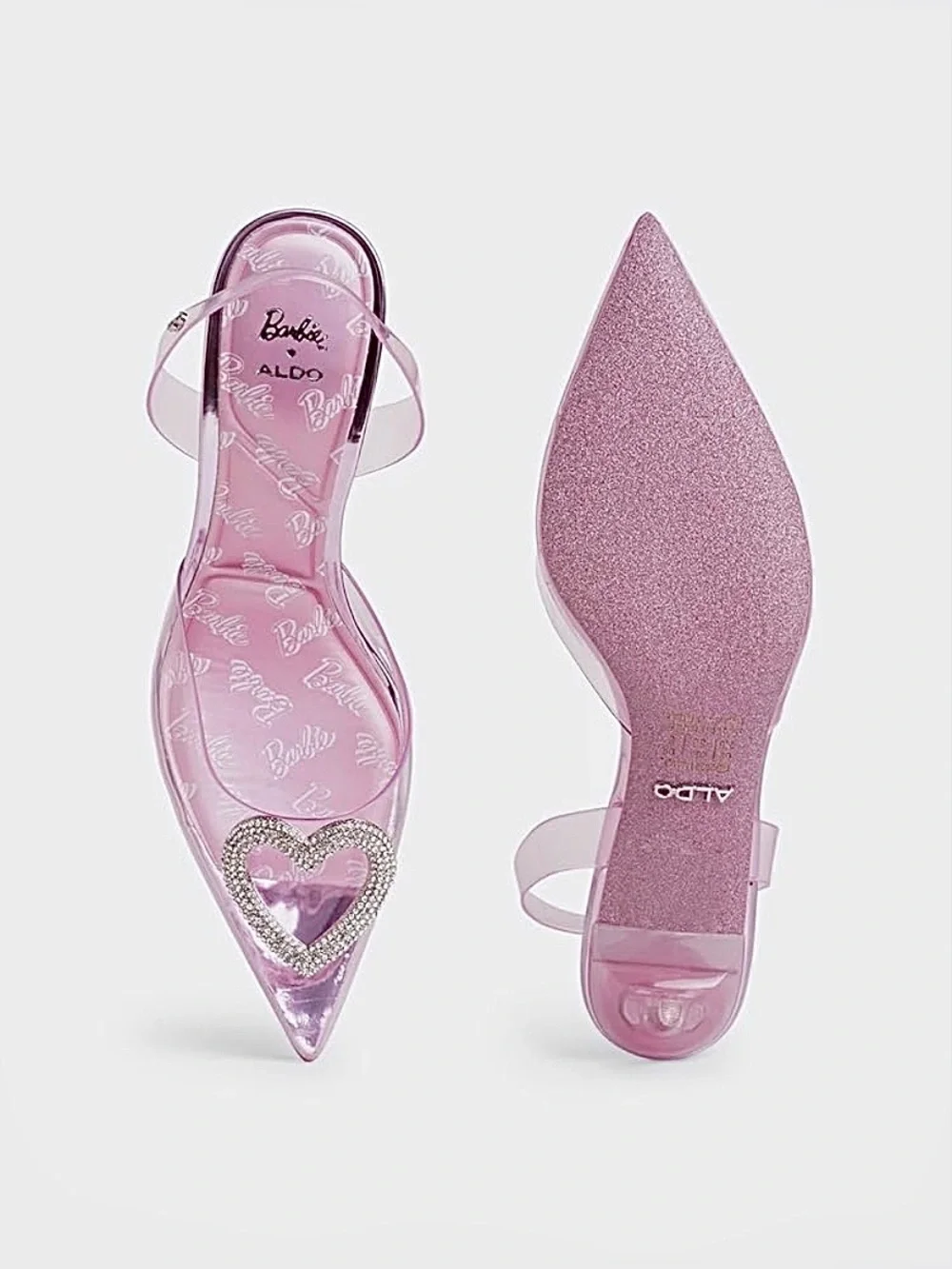 ALDO × Barbie Slingback Heels in Clear Pink with Crystal Heart Gems